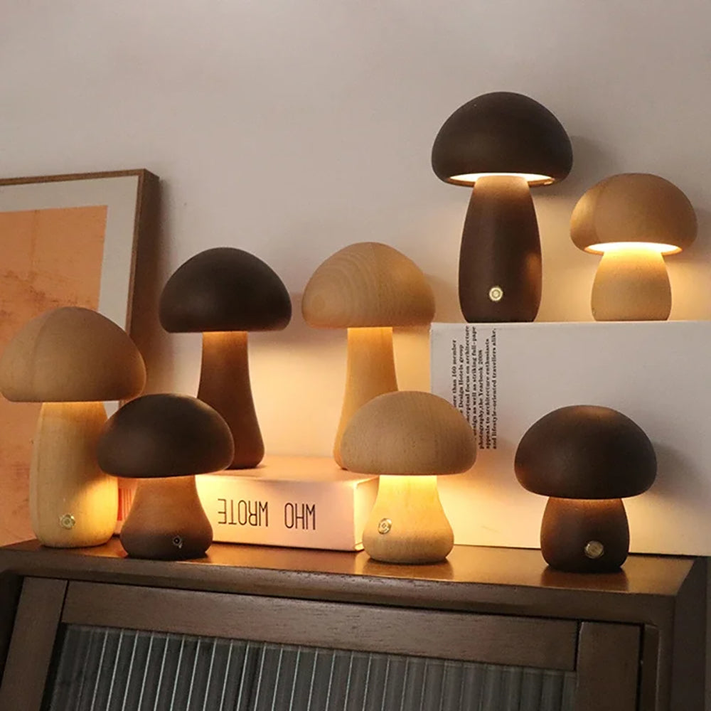 Wooden Mushroom LED Night Light for Bedroom - USB Rechargeable