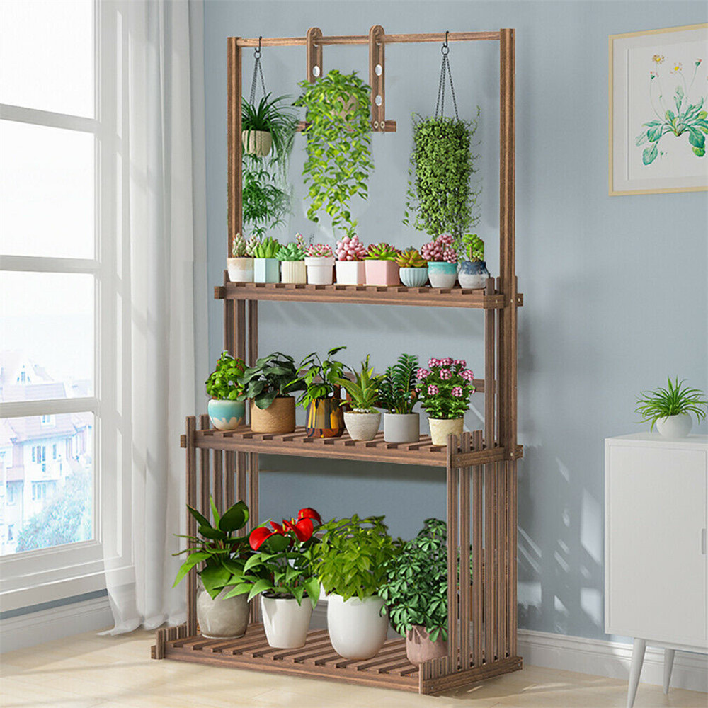 3-Tier Hanging Wood Plant Stand Flower Pot Organizer Rack