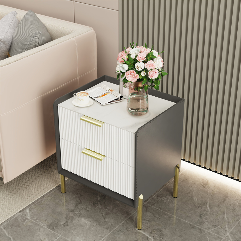 2 Tier Side Table Nightstand with Sintered Stone Tabletop and Chrome Legs