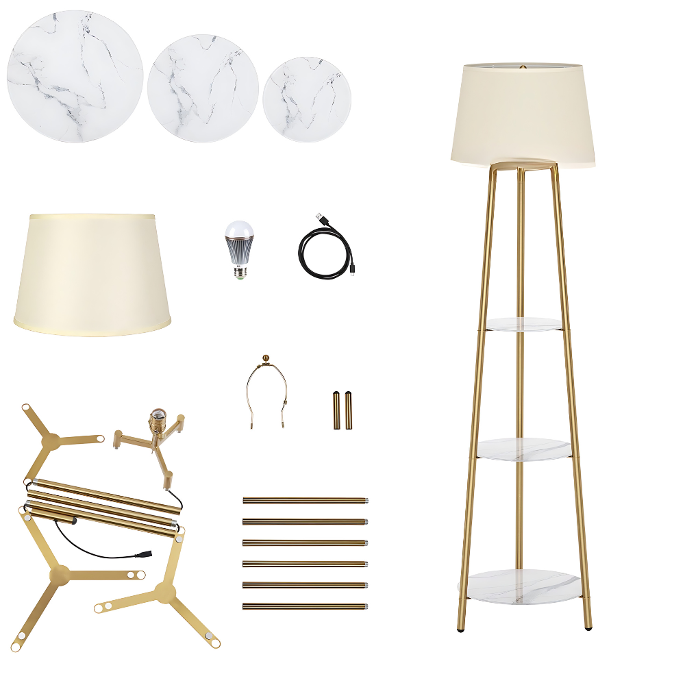 Tall Floor Lamp with 3-Tier Marble Shelves