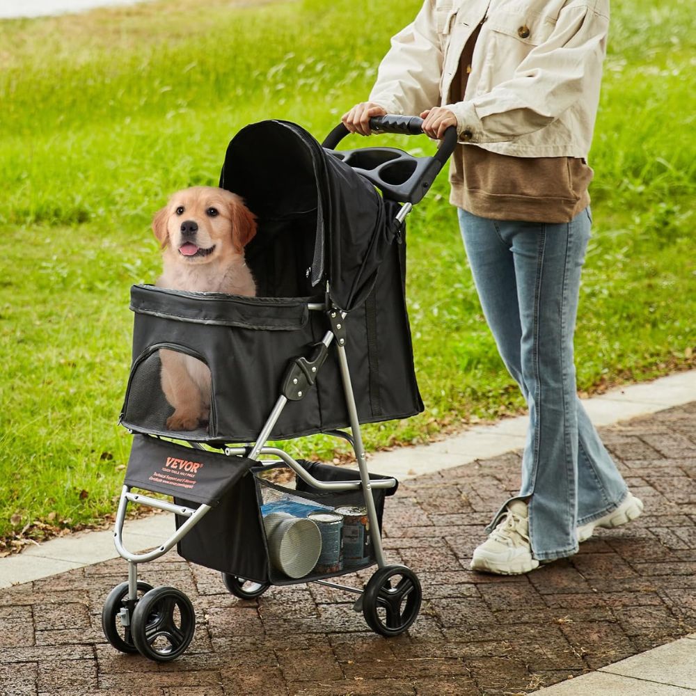 3 Wheel Black Dog Stroller with Front Pedal Storage Basket and Cup Holder