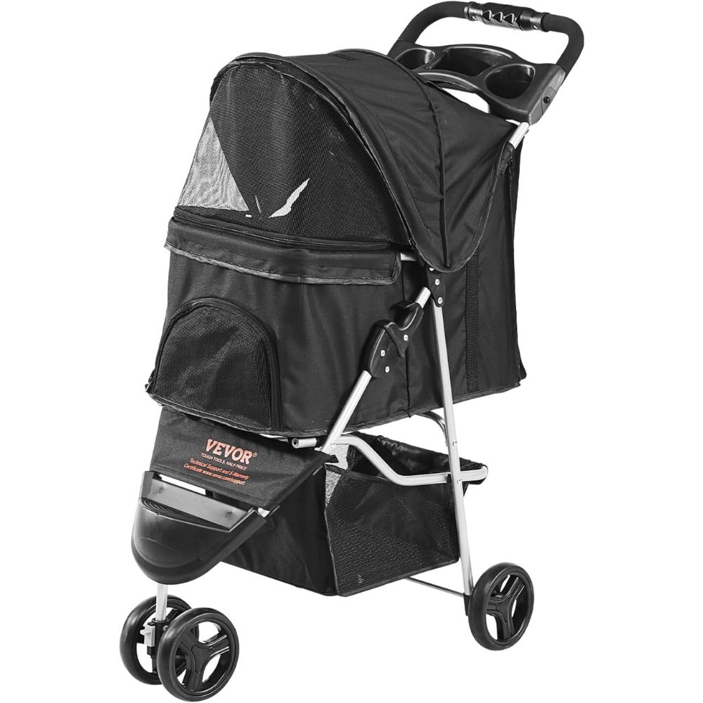 3 Wheel Black Dog Stroller with Front Pedal Storage Basket and Cup Holder