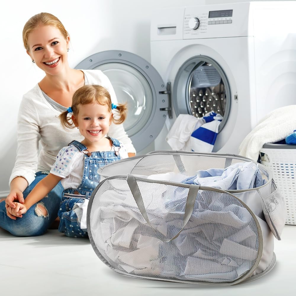 Durable Collapsible Laundry Basket Mesh Pop Up Laundry Hamper With Side Pocket