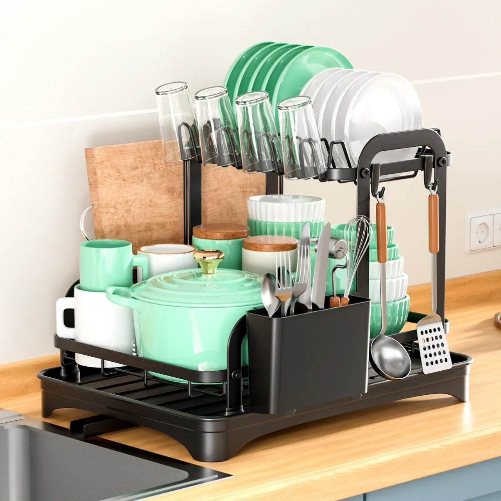 360 Degree Rotating 2 Tier Dish Bowl Drainer Kitchen Tableware Rack