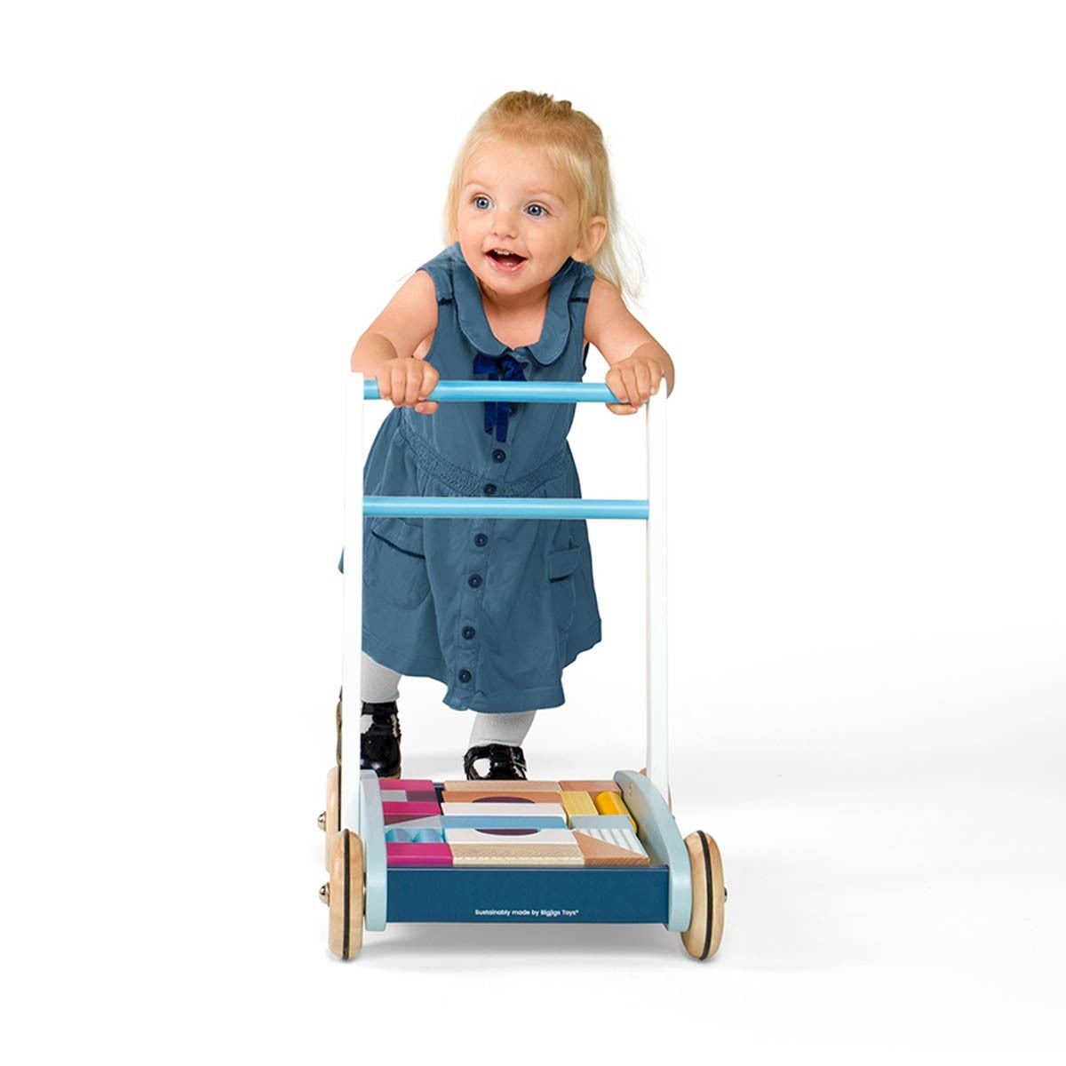 Bigjigs Toys Wooden Baby Walker Push Toy with Building Bricks for Learning