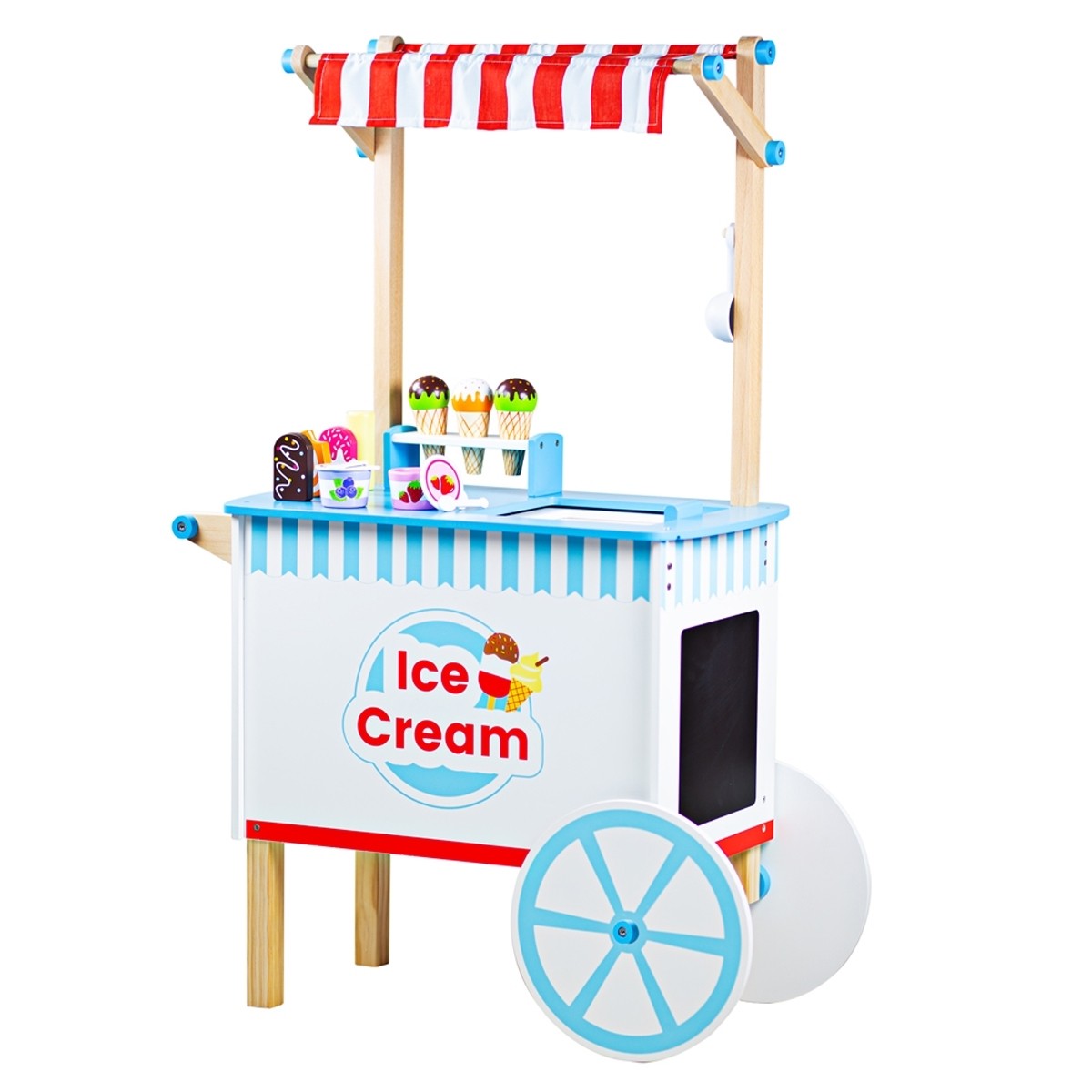 Bigjigs Toys Wooden Ice Cream Cart Pretend Play with 17 Play Pieces