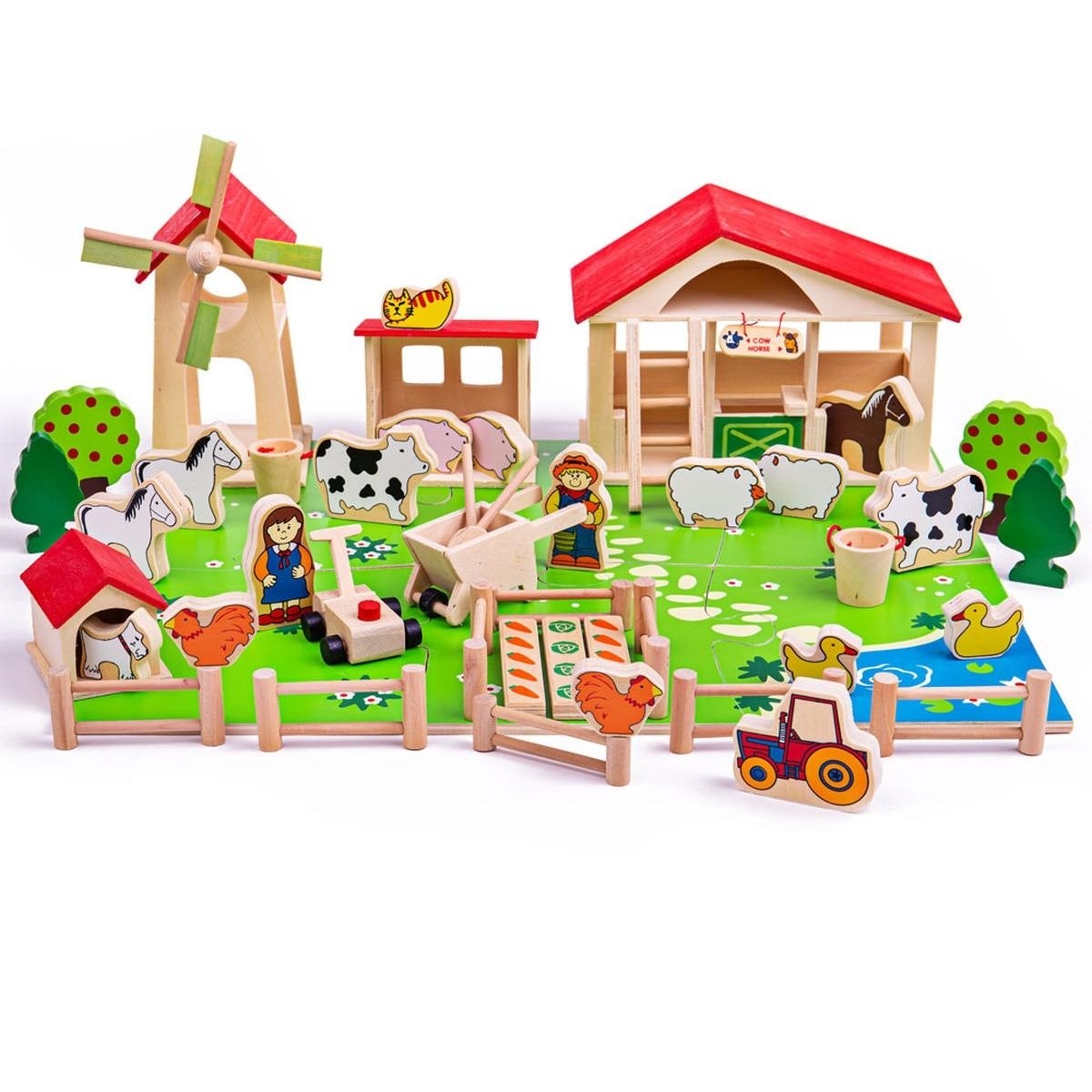 Bigjigs Toys Wooden Play Farm Set Pretend Play Animal Barn Toy for Kids