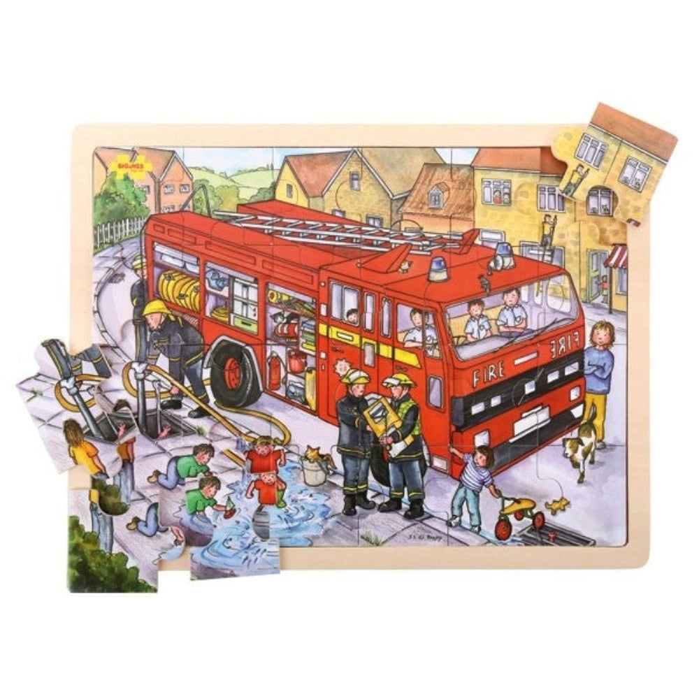 Bigjigs Toys Educational Large Fire Engine Wooden Puzzle Tray for Kids
