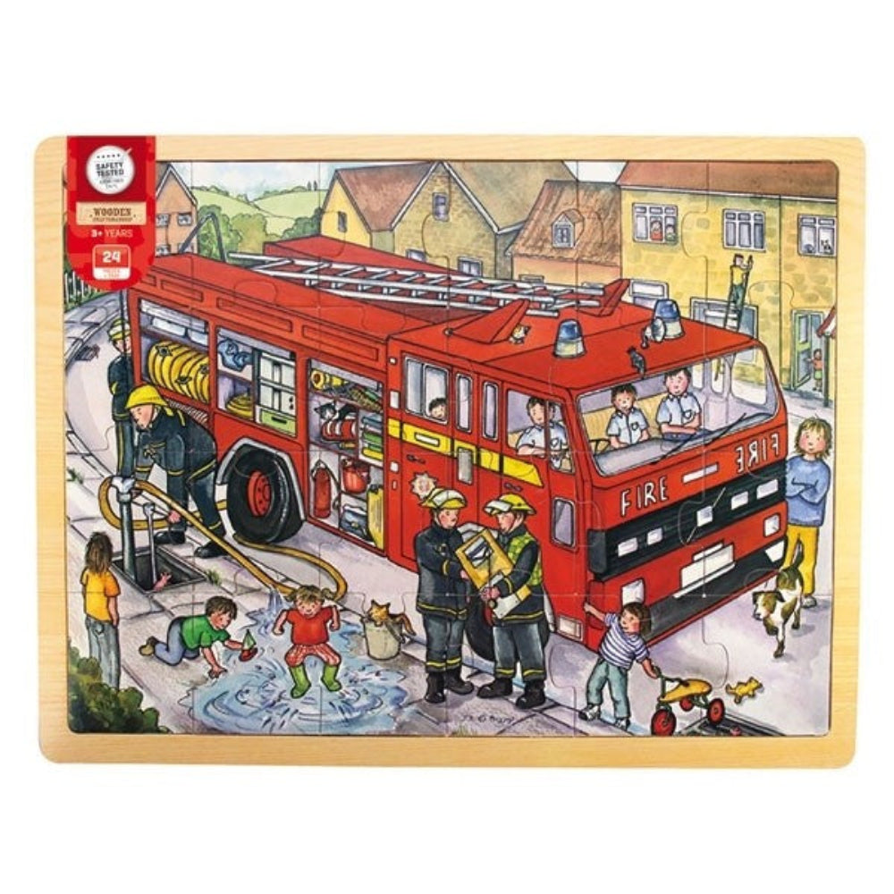 Bigjigs Toys Educational Large Fire Engine Wooden Puzzle Tray for Kids