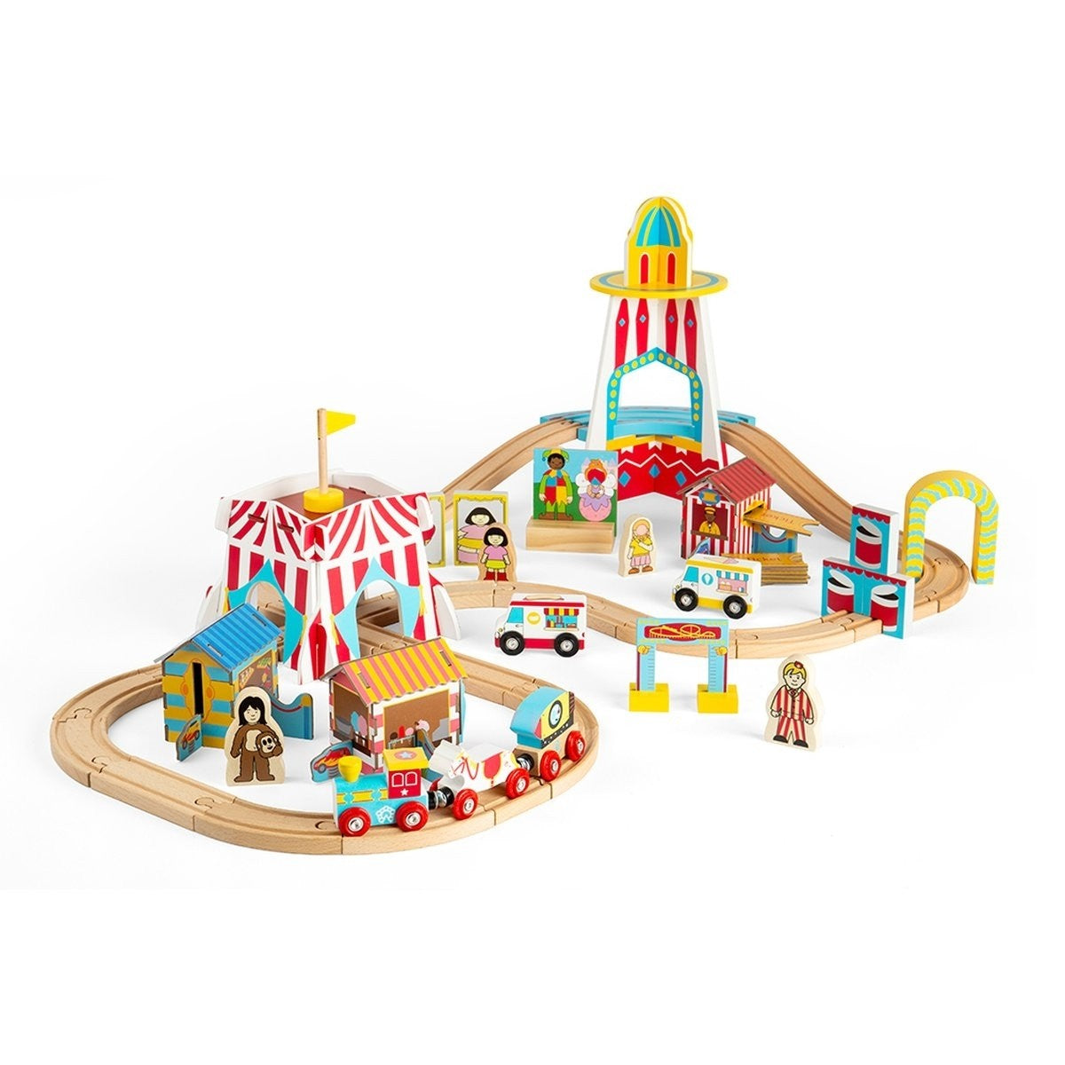 Bigjigs Rail Fun Fair Train Set Wooden Railway with Fairground Accessories
