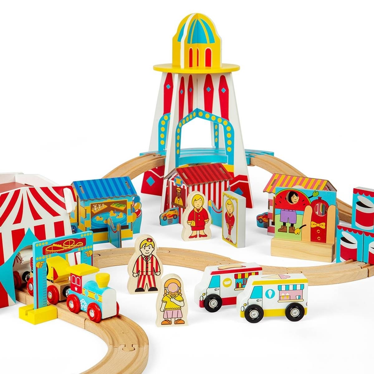 Bigjigs Rail Fun Fair Train Set Wooden Railway with Fairground Accessories