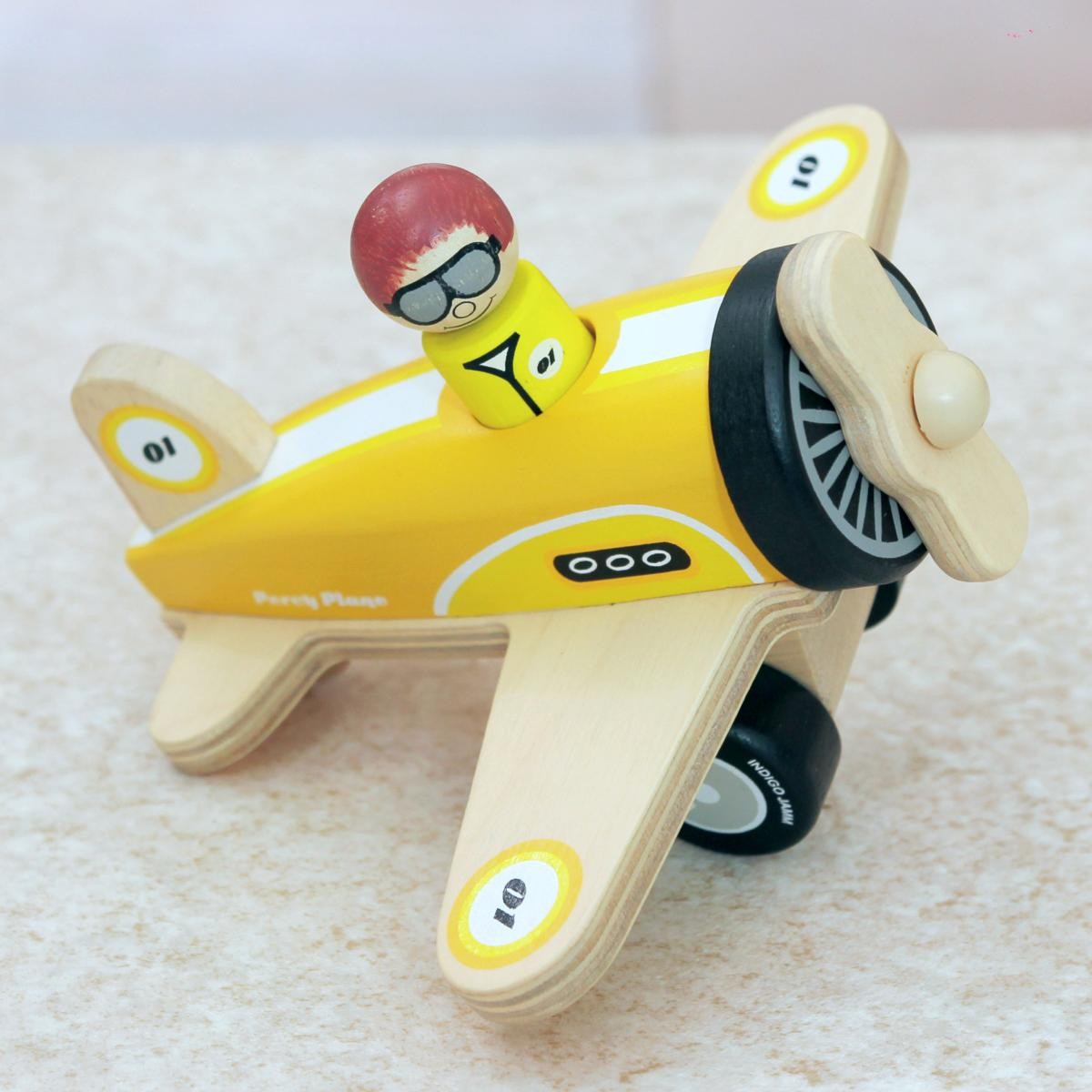 Indigo Jamm Percy Plane Wooden Toy with Removable Peg Pilot for Kids