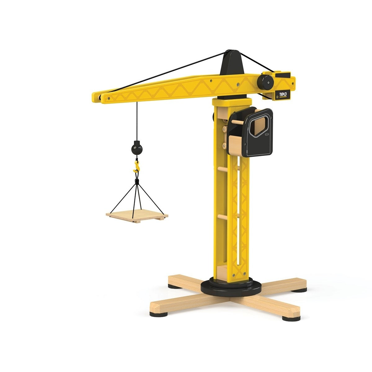 Tidlo Construction Tower Crane Toy Wooden Pretend Play Crane for Kids