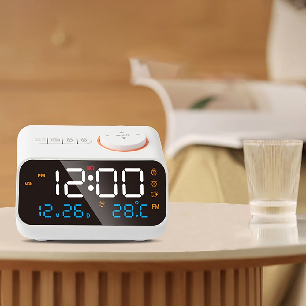 FM Radio LED Alarm Clock with Temperature and Humidity Meter - USB Rechargeable