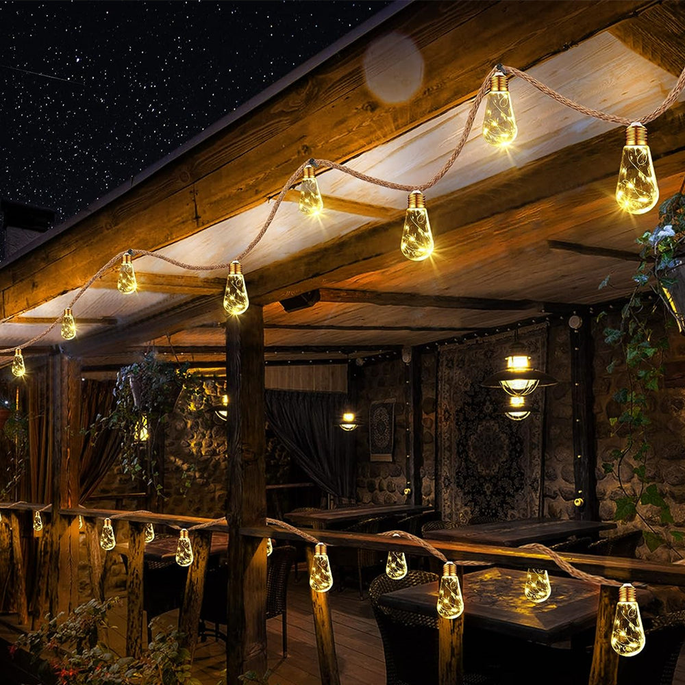 LUMIRO Solar Outdoor String Lights Vintage Rope Hemp Solar Patio Lights