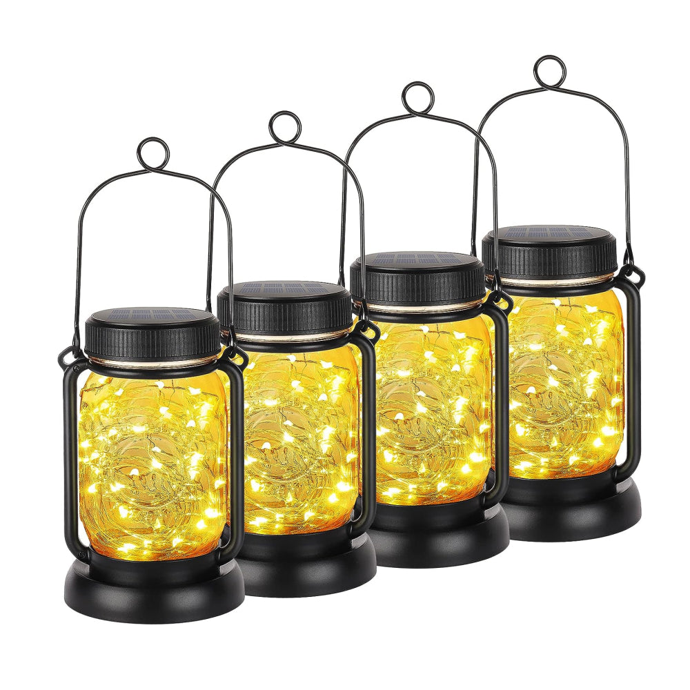 LUMIRO 4 Pack Solar Hanging Mason Jar Lights Decorative Solar Lantern with Stakes