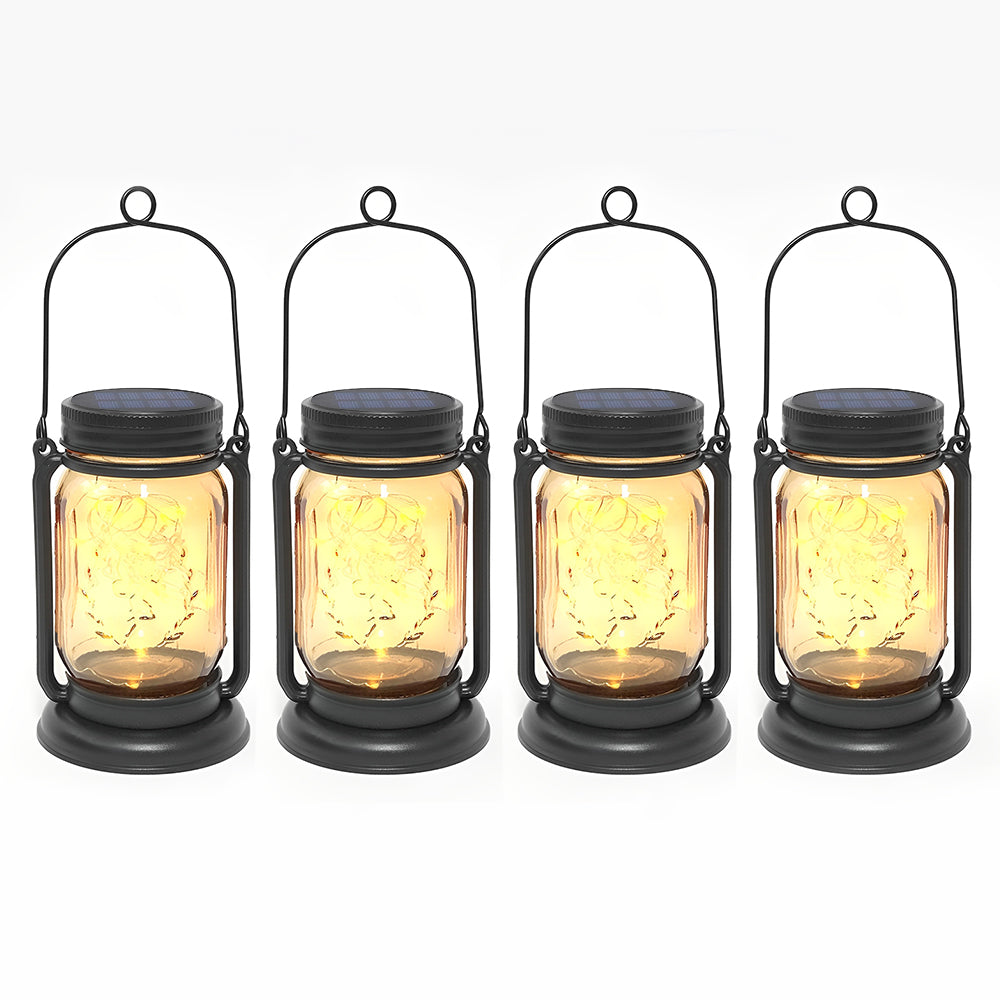LUMIRO 4 Pack Solar Hanging Mason Jar Lights Decorative Solar Lantern with Stakes