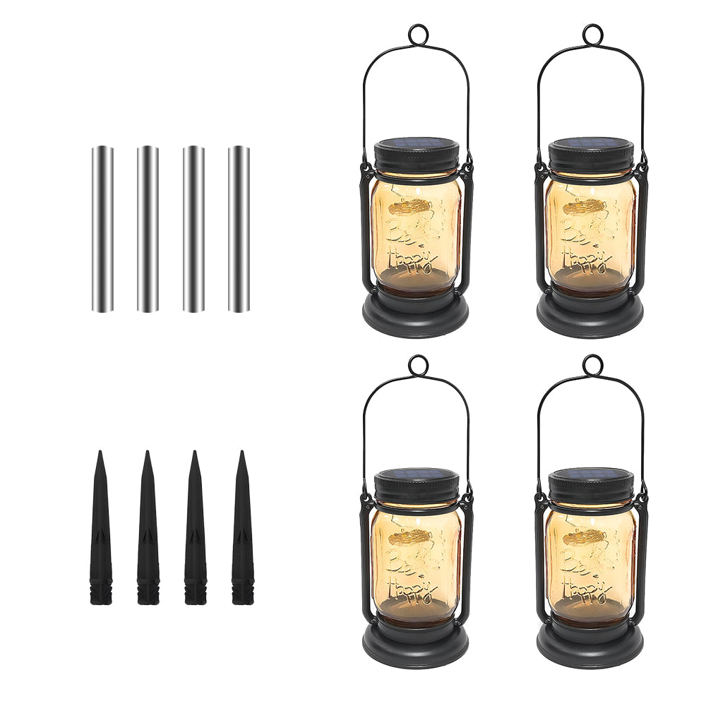 LUMIRO 4 Pack Solar Hanging Mason Jar Lights Decorative Solar Lantern with Stakes