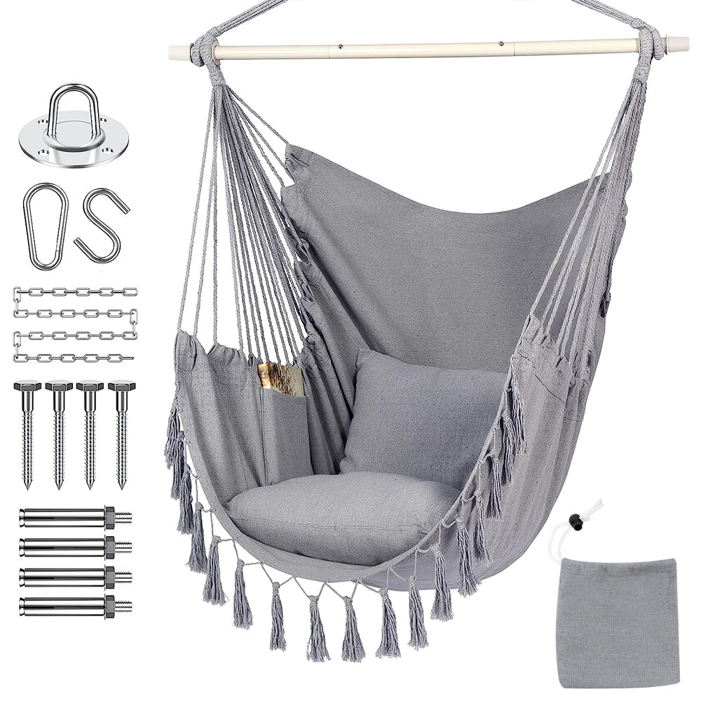 HYPERANGER Hammock Chair Hanging Rope Swing with 2 Cushions-Grey