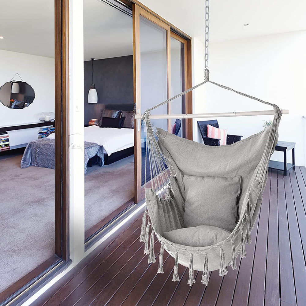 HYPERANGER Hammock Chair Hanging Rope Swing with 2 Cushions-Grey