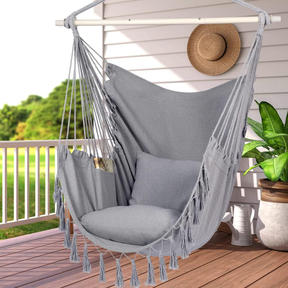 HYPERANGER Hammock Chair Hanging Rope Swing with 2 Cushions-Grey