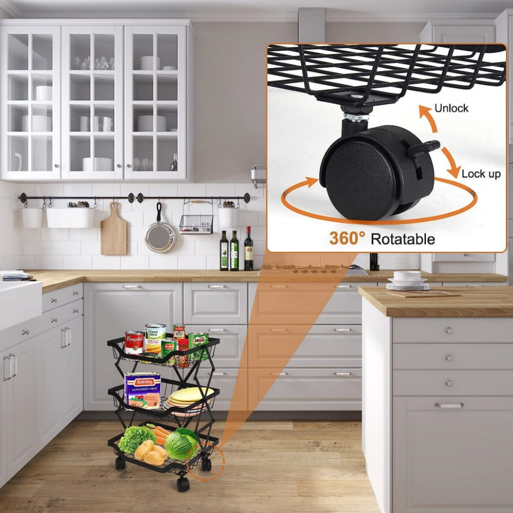 STORFEX 3 Tier Foldable Kitchen Pantry Storage Organizer Cart Baskets Rack