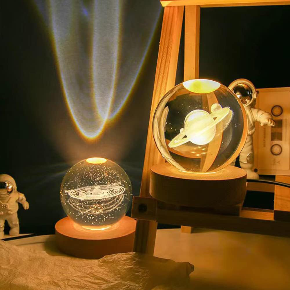 Crystal Ball Lamp with Wooden Base for Beside Table USB-Rechargeable