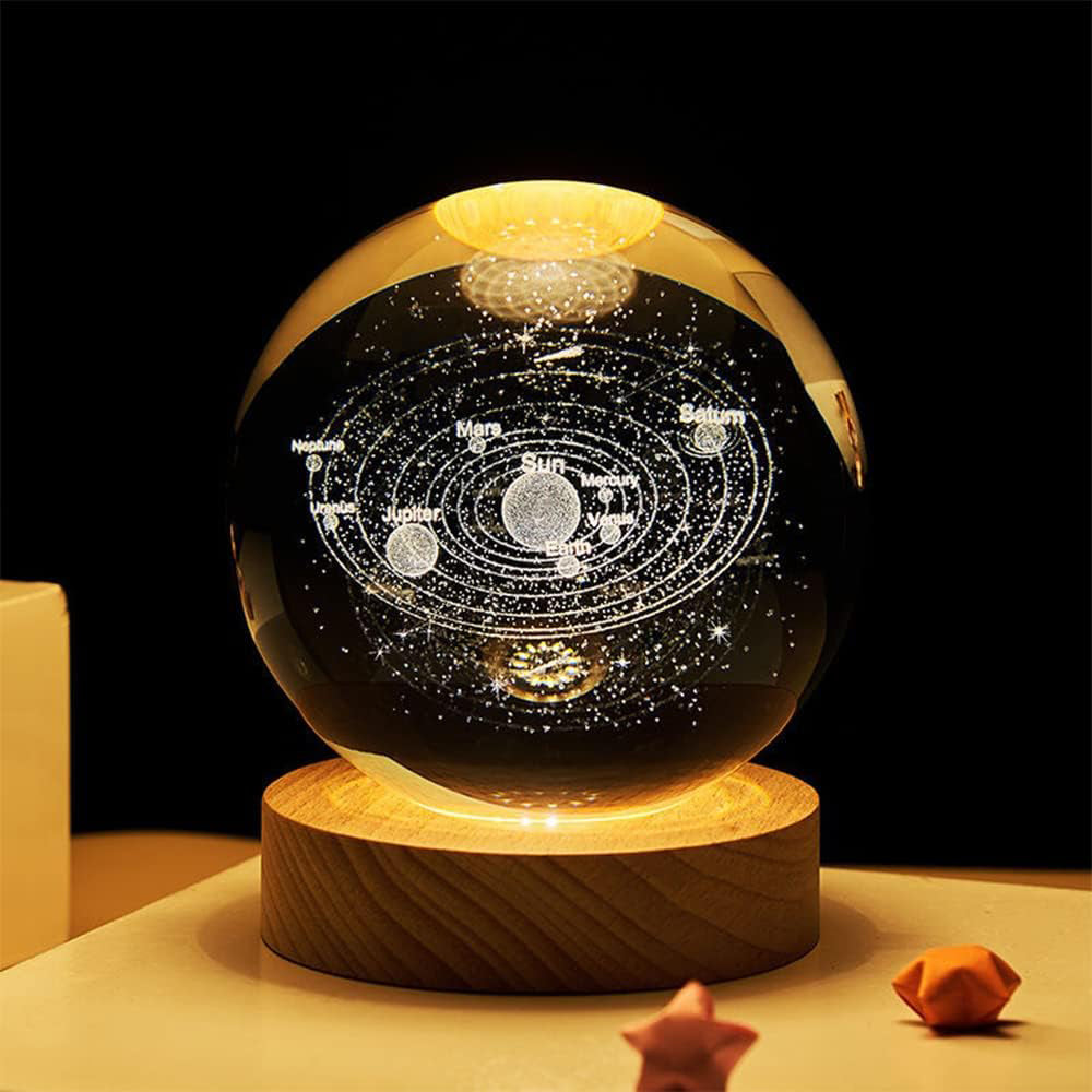 Crystal Ball Lamp with Wooden Base for Beside Table USB-Rechargeable