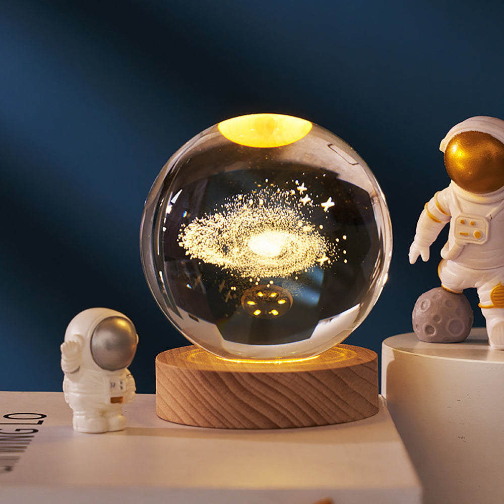Crystal Ball Lamp with Wooden Base for Beside Table USB-Rechargeable
