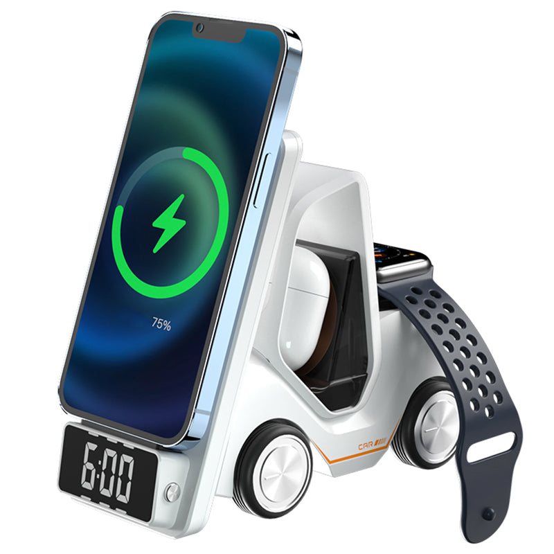 3 in 1 Fast Charging Wireless Charger with Digital Clock  Display-Type-C Plugged-in