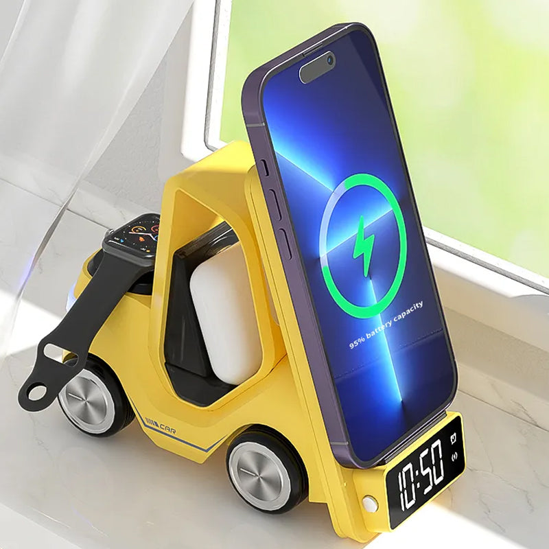 3 in 1 Fast Charging Wireless Charger with Digital Clock  Display-Type-C Plugged-in