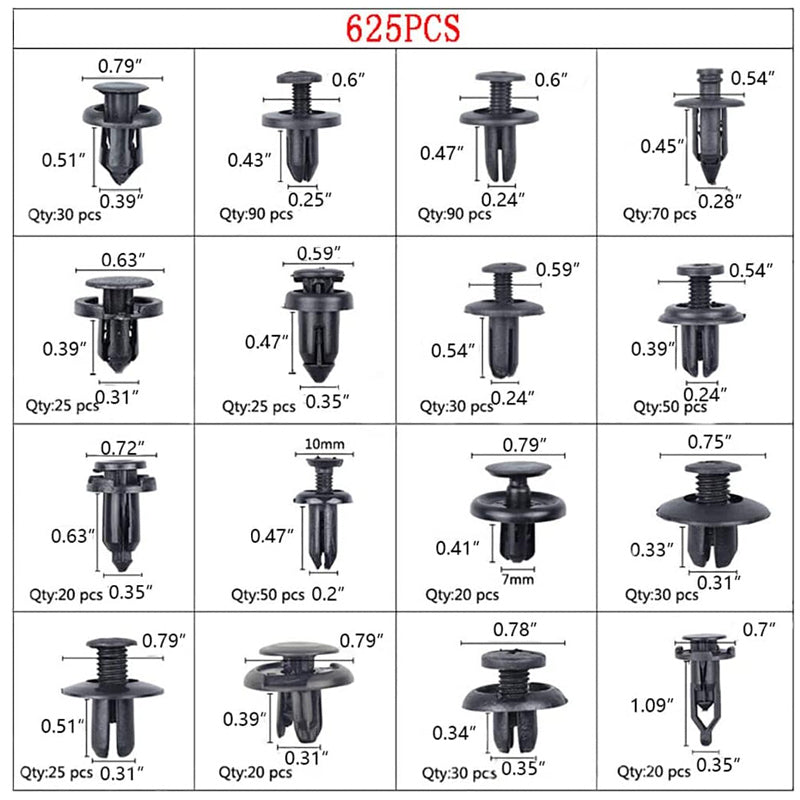 625pcs Car Trim Body Retainer Clips Door Panel Bumper Plastic Rivet Kit