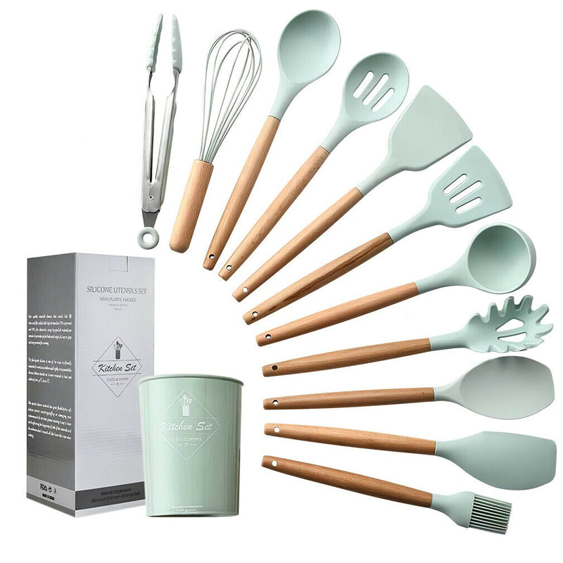 12pcs Heat-Resistant Silicone and Wood Kitchen Baking and Cooking Utensil Set