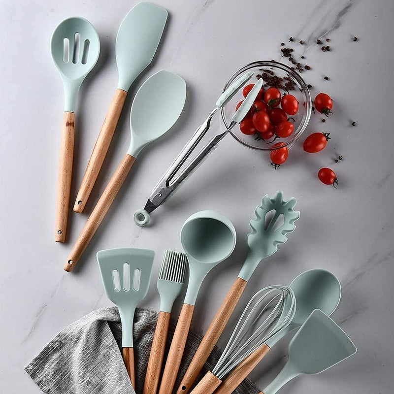 12pcs Heat-Resistant Silicone and Wood Kitchen Baking and Cooking Utensil Set