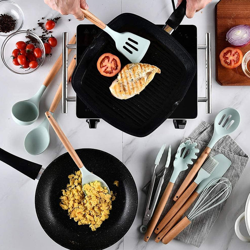 12pcs Heat-Resistant Silicone and Wood Kitchen Baking and Cooking Utensil Set