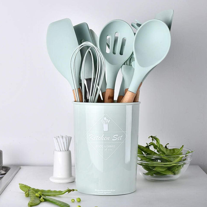 12pcs Heat-Resistant Silicone and Wood Kitchen Baking and Cooking Utensil Set