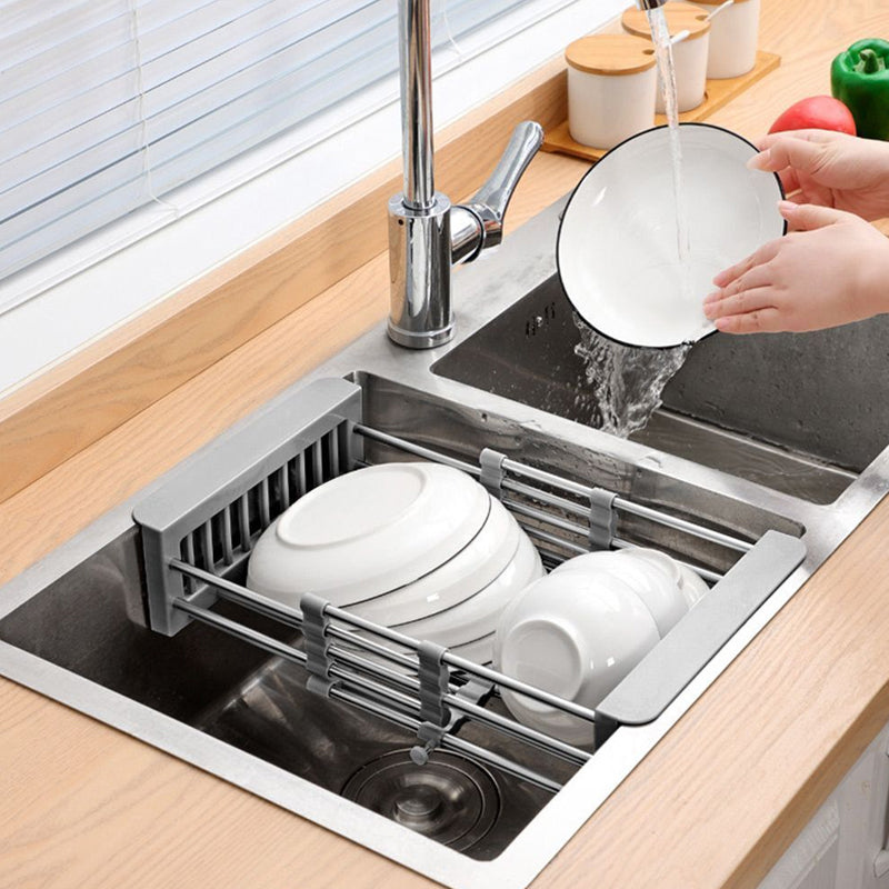 Expandable Dish Drying Rack Telescopic Retractable Over the Sink Strainer
