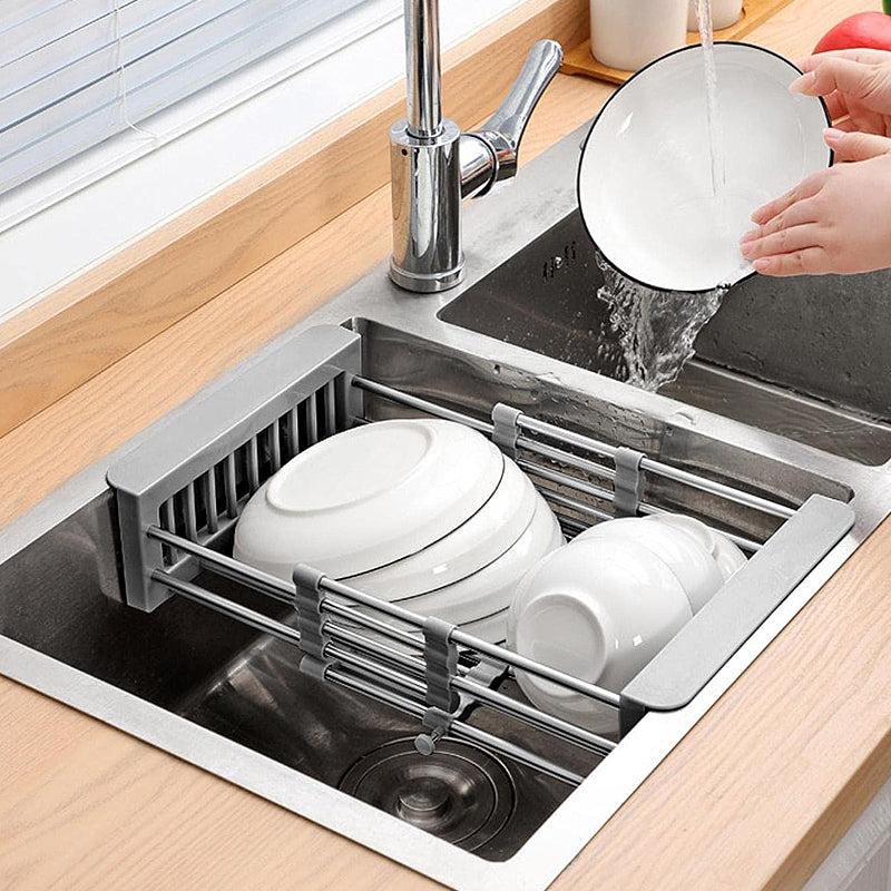 Expandable Dish Drying Rack Telescopic Retractable Over the Sink Strainer