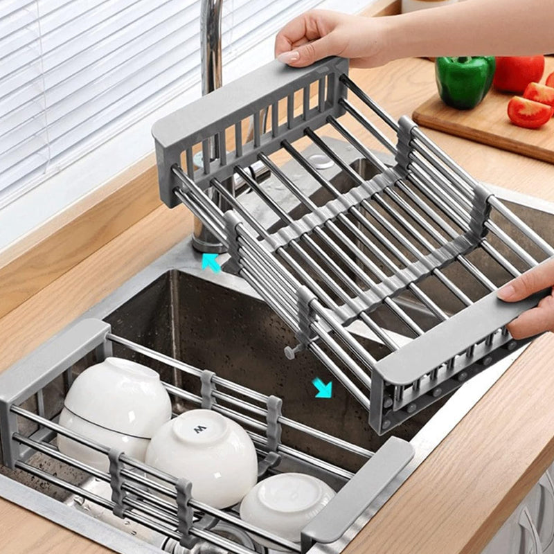 Expandable Dish Drying Rack Telescopic Retractable Over the Sink Strainer