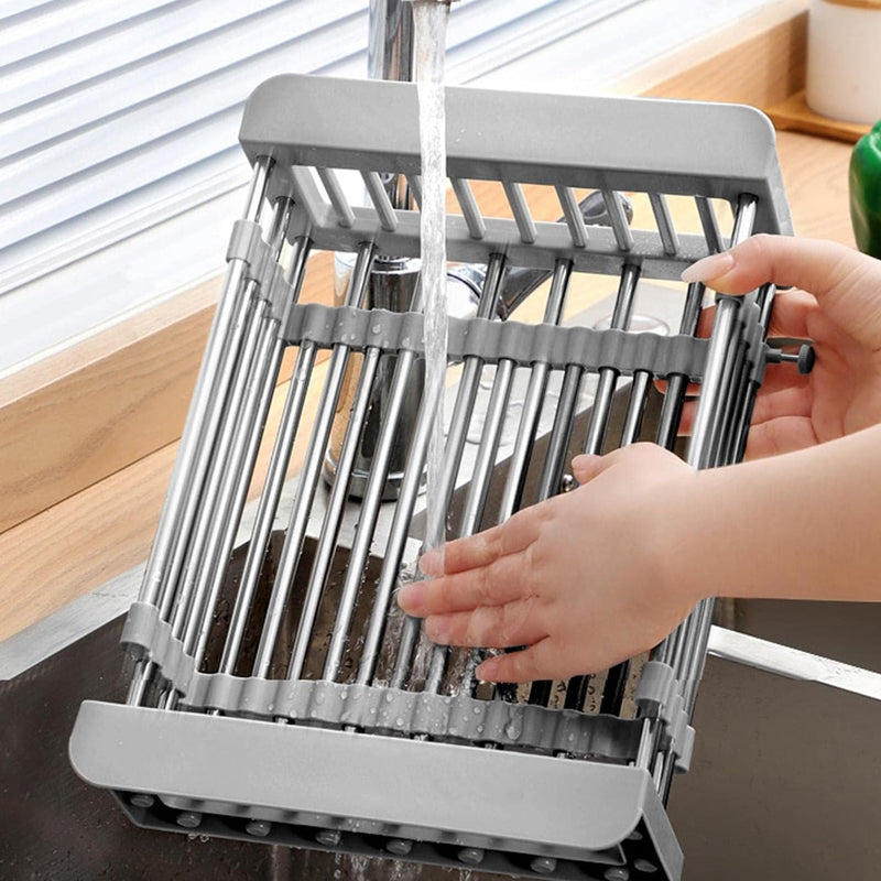 Expandable Dish Drying Rack Telescopic Retractable Over the Sink Strainer
