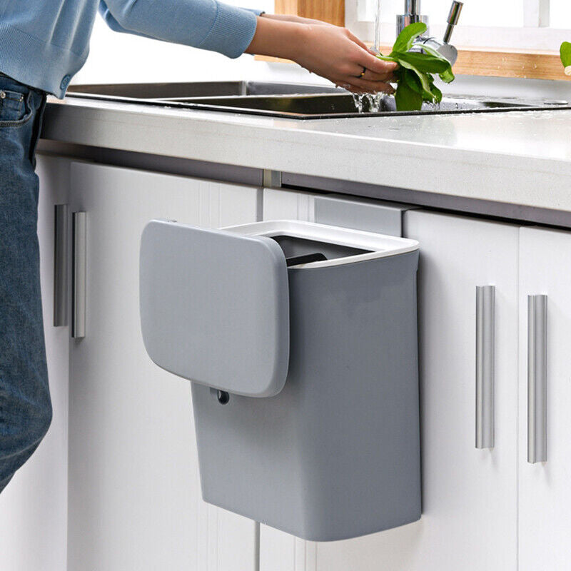 9L Waste Rubbish Trash Bin Bench Top Side Cabinet Door Hanging Slide Lid
