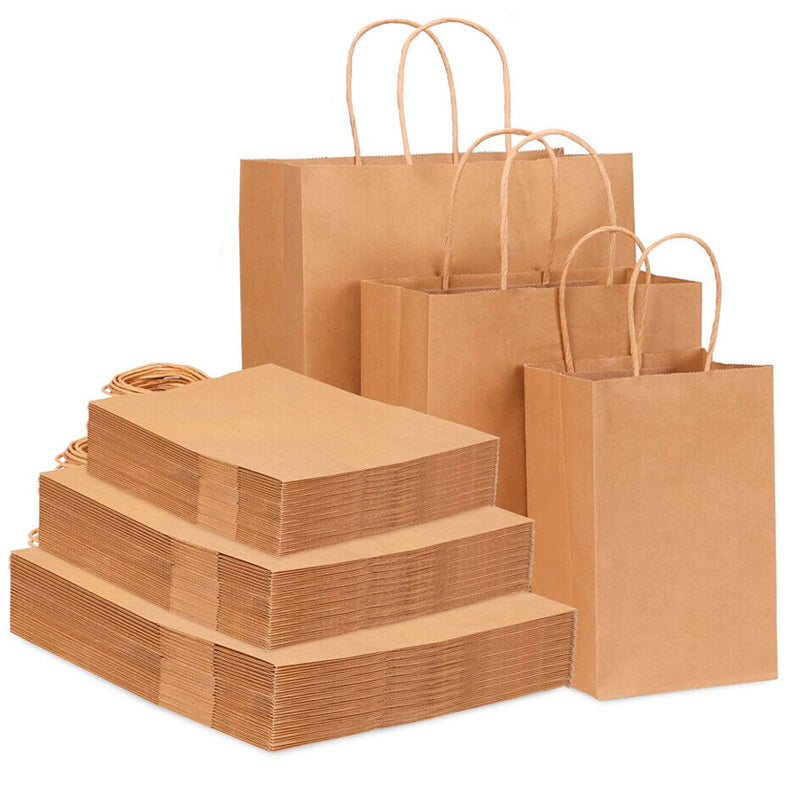 50pcs Brown Kraft Paper Bags with Handle for Gifts and Souvenirs - Available in S, M, L
