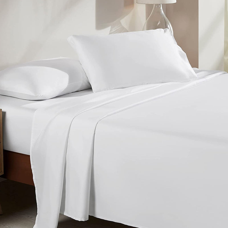 Hotel Quality Cottony Soft White Linen Fitted Flat Sheet and Pillowcases Set