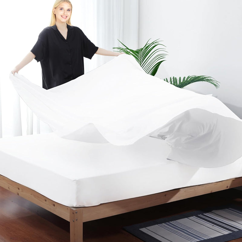 Hotel Quality Cottony Soft White Linen Fitted Flat Sheet and Pillowcases Set