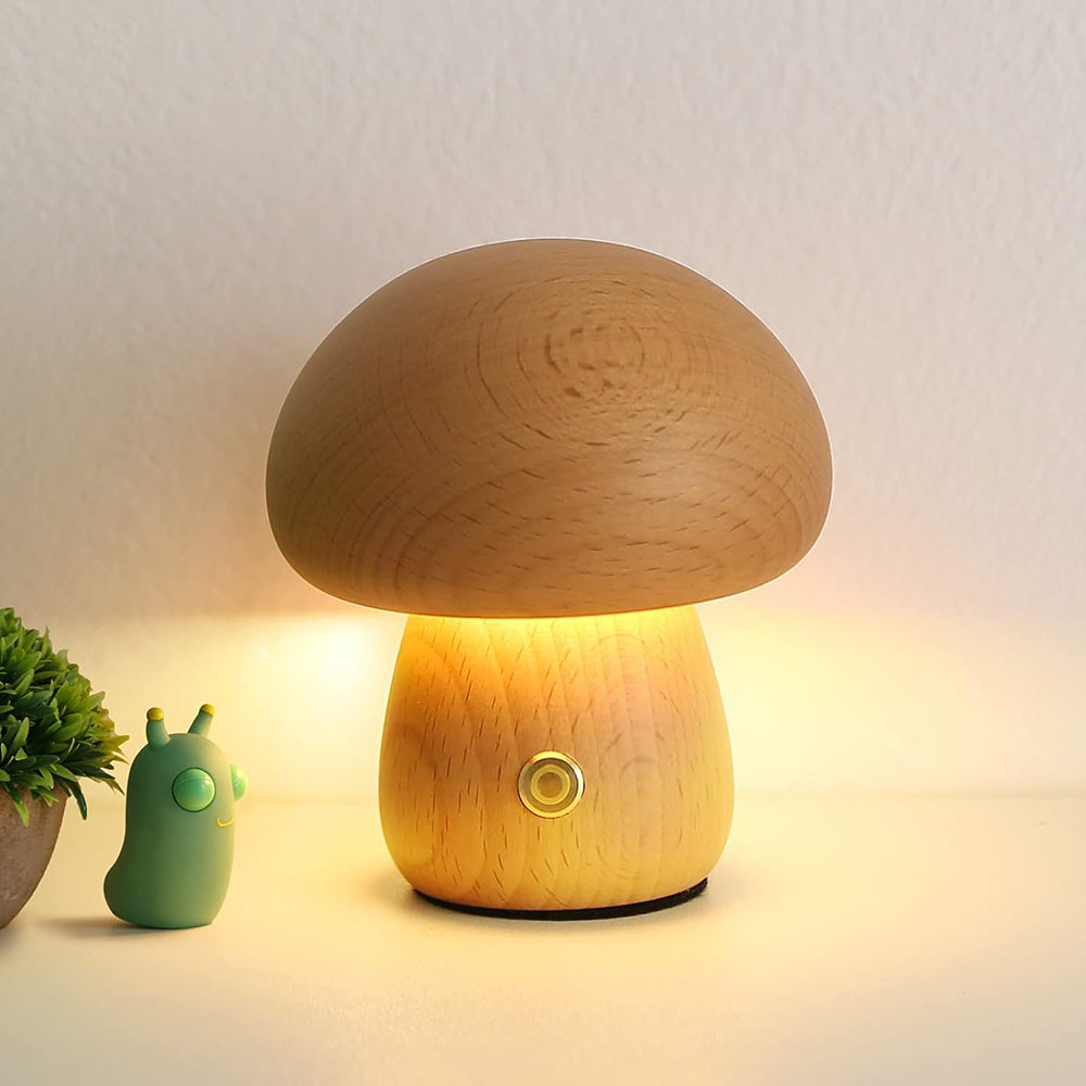 Wooden Mushroom LED Night Light for Bedroom - USB Rechargeable