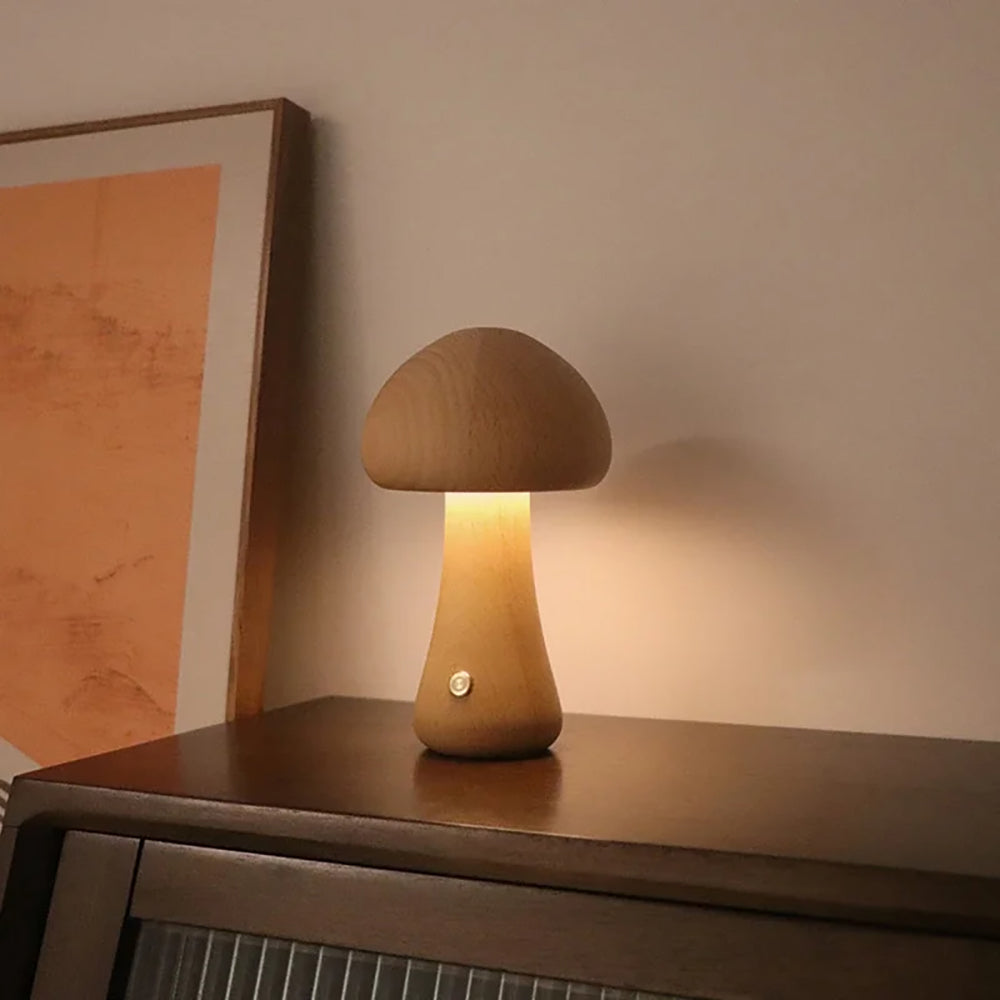 Wooden Mushroom LED Night Light for Bedroom - USB Rechargeable