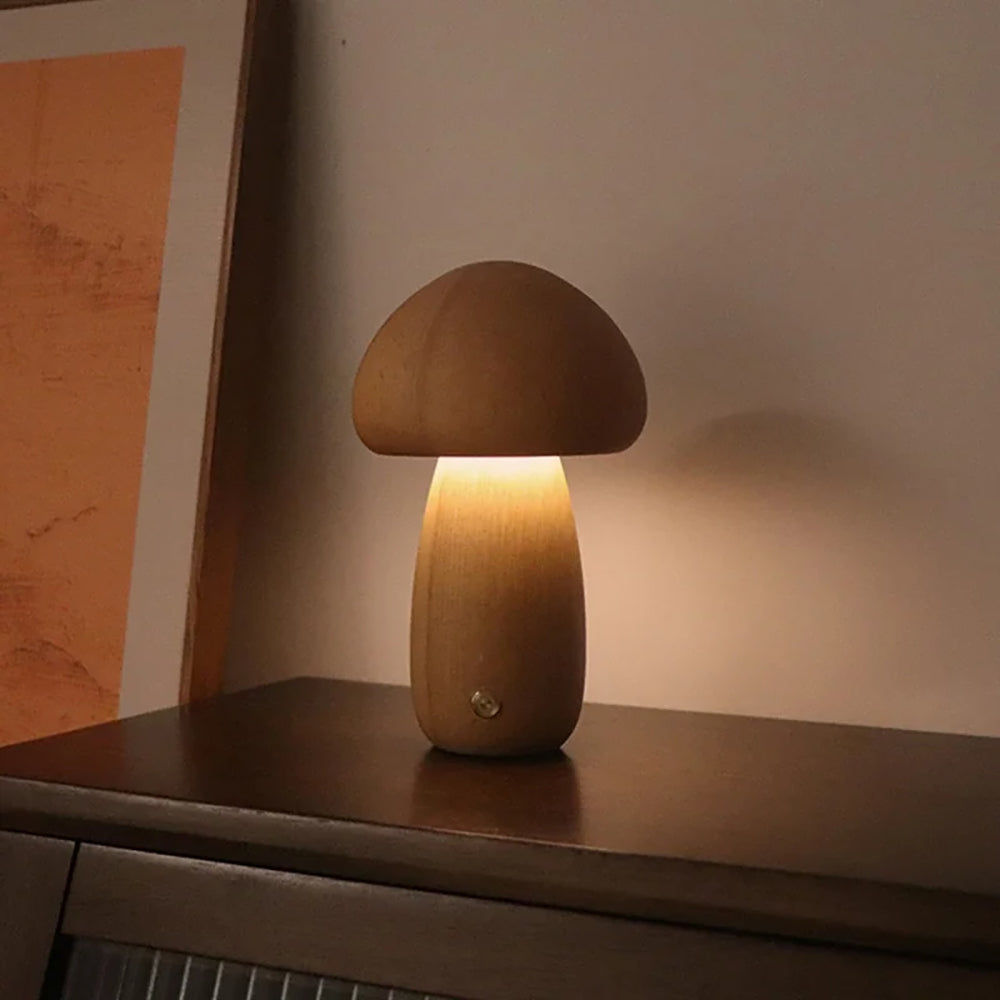 Wooden Mushroom LED Night Light for Bedroom - USB Rechargeable