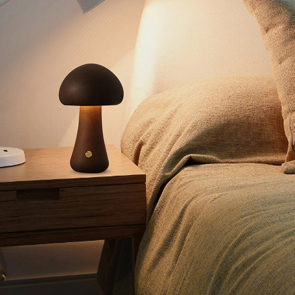 Wooden Mushroom LED Night Light for Bedroom - USB Rechargeable
