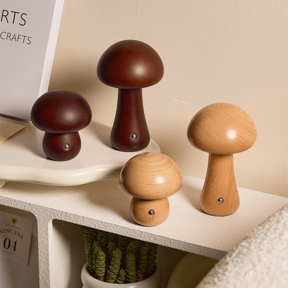 Wooden Mushroom LED Night Light for Bedroom - USB Rechargeable