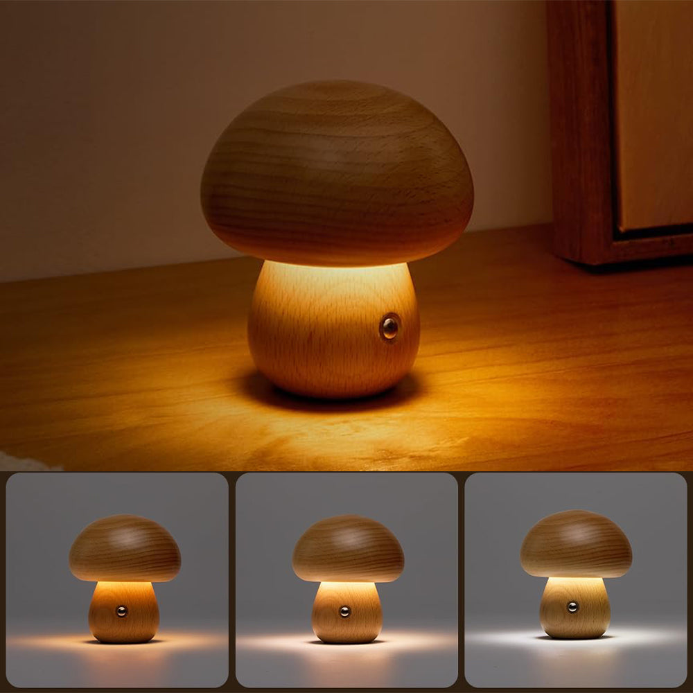 Wooden Mushroom LED Night Light for Bedroom - USB Rechargeable